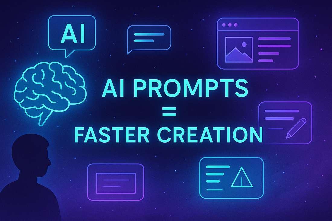 “Futuristic neon digital illustration showing a glowing brain and holographic writing icons around the text ‘AI Prompts = Faster Creation’ on a cosmic purple-blue background, symbolising AI-powered content creation.”