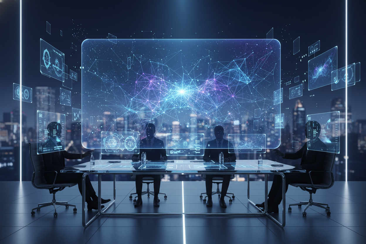 Modern futuristic digital workspace with holographic AI neural network patterns, glowing blue and purple gradient, floating digital elements, abstract technological background representing artificial intelligence and creativity, professional and sleek design, wide banner format